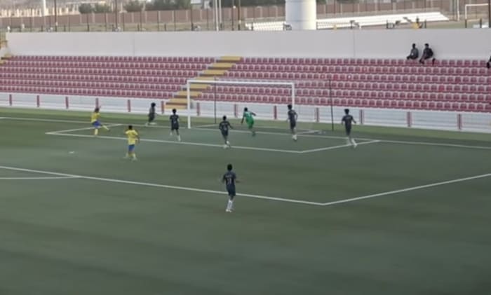 Cristiano Ronaldo Jr pictured (left) scoring for Al Nassr in a 4-1 win over Ohod in the U13 Saudi Premier League in February 2024